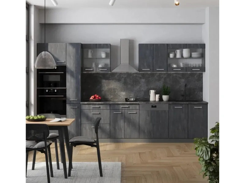 Best Vicco R-Line Küchenzeile Schwarz Beton/Anthrazit 350 cm AP Eiche ohne E-Geräte Einbauküchen