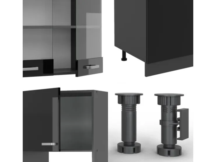 Einbauküchen<Vicco R-Line Küchenzeile /Anthrazit 300 cm mit HochschrankAP Marmor ohne E-Geräte Schwarz Hochglanz