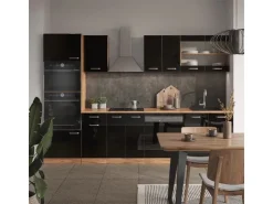 Clearance Vicco R-Line Küchenzeile /Goldkraft Eiche 300 cm mit HochschrankAP Anthrazit ohne E-Geräte Schwarz Hochglanz