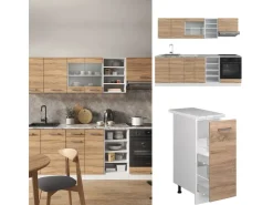 Einbauküchen<Vicco R-Line Küchenzeile Sonoma/Weiß 240 cm AP Marmor ohne E-Geräte Sonoma-Weiß