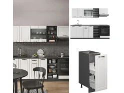 Einbauküchen<Vicco R-Line Küchenzeile Weiß Landhaus/Anthrazit 240 cm ohne Arbeitsplatte ohne E-Geräte Weiß Strukturiert