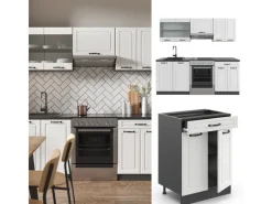 Outlet Vicco R-Line Küchenzeile Weiß Landhaus/Anthrazit 200 cm AP Anthrazit ohne E-Geräte Einbauküchen