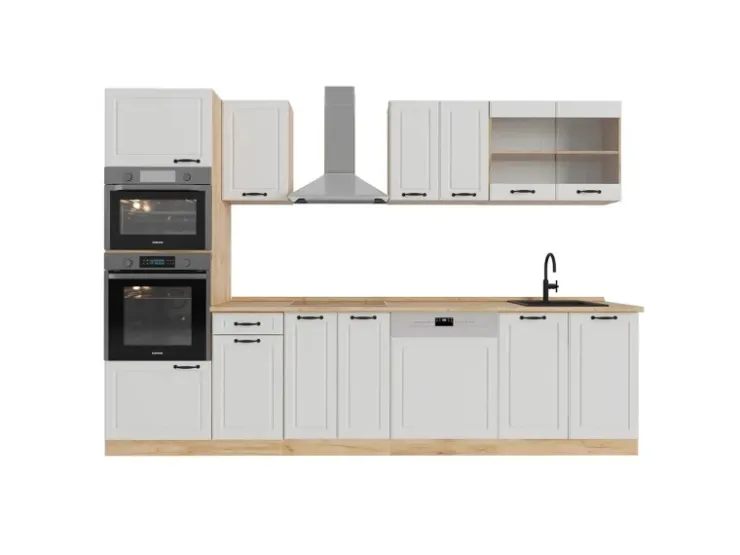 Einbauküchen<Vicco R-Line Küchenzeile Weiß Landhaus/Goldkraft Eiche 300 cm mit HochschrankAP Eiche ohne E-Geräte Weiß Struktur