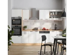 Einbauküchen<Vicco R-Line Küchenzeile Weiß Landhaus/Goldkraft Eiche 300 cm mit HochschrankAP Eiche ohne E-Geräte Weiß Struktur