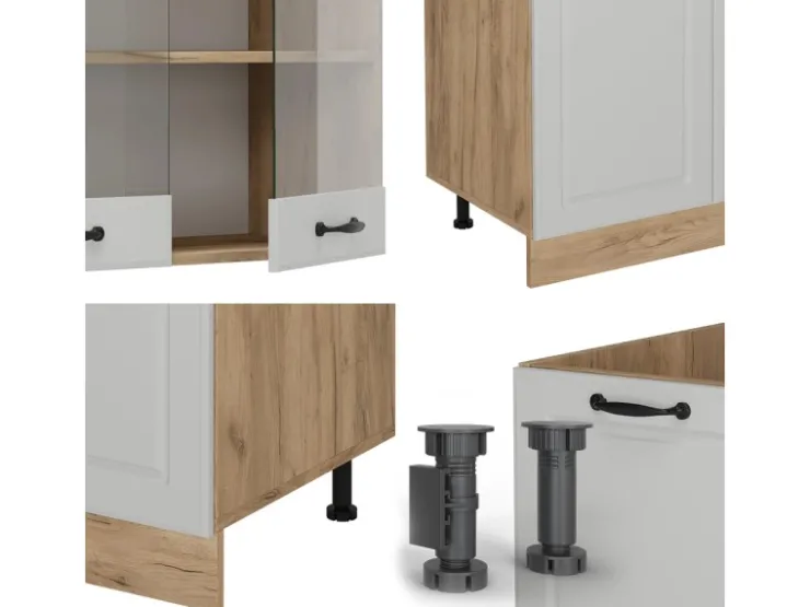 Einbauküchen<Vicco R-Line Küchenzeile Weiß Landhaus/Goldkraft Eiche 300 cm mit HochschrankAP Eiche ohne E-Geräte Weiß Struktur