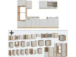 Einbauküchen<Vicco R-Line Küchenzeile Weiß Landhaus/Goldkraft Eiche 300 cm mit HochschrankAP Eiche ohne E-Geräte Weiß Struktur