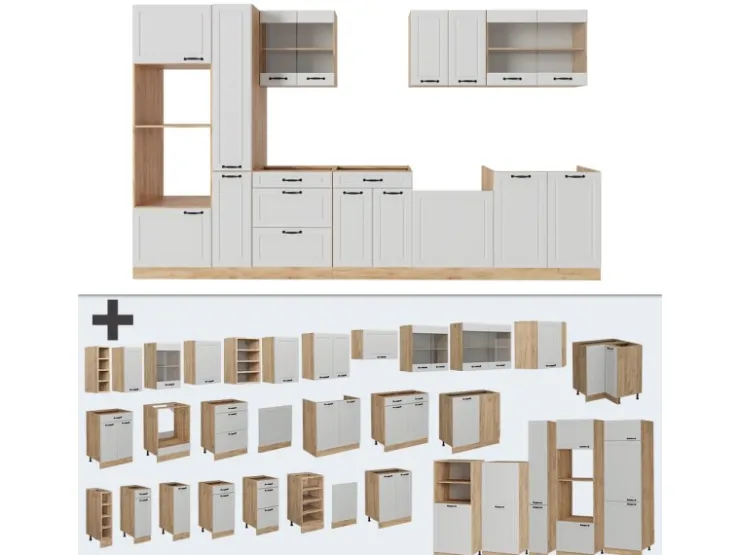 New Vicco R-Line Küchenzeile Weiß Landhaus/Goldkraft Eiche 350 cm AP Eiche ohne E-Geräte Weiß Struktur