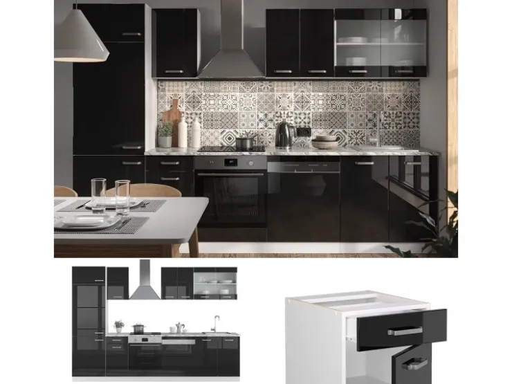 Online Vicco R-Line Küche 300 cm AP Marmor ohne E-Geräte Schwarz Hochglanz