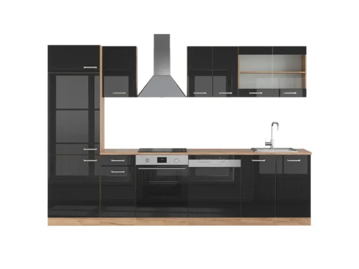 Outlet Vicco R-Line Küche /Goldkraft Eiche 300 cm ohne Arbeitsplatte ohne E-Geräte Schwarz Hochglanz