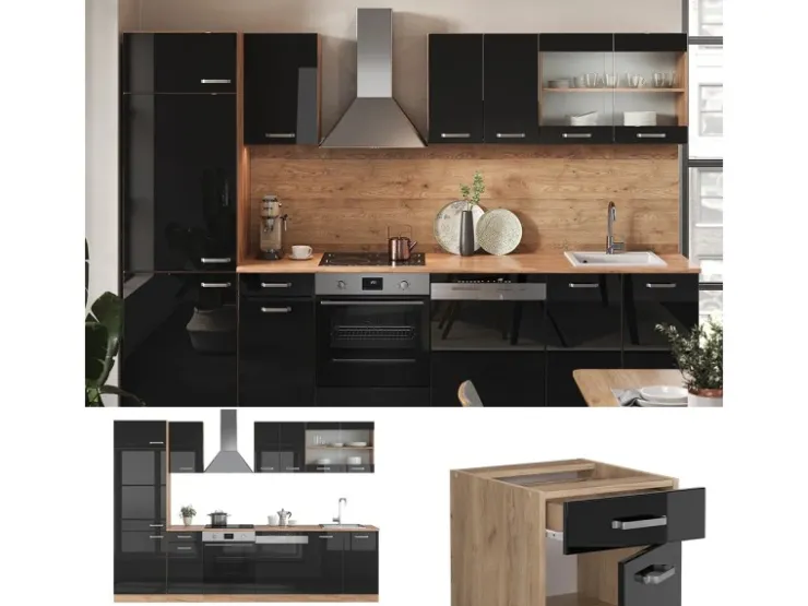 Outlet Vicco R-Line Küche /Goldkraft Eiche 300 cm ohne Arbeitsplatte ohne E-Geräte Schwarz Hochglanz