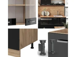 Outlet Vicco R-Line Küche /Goldkraft Eiche 300 cm ohne Arbeitsplatte ohne E-Geräte Schwarz Hochglanz