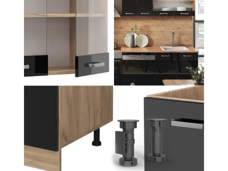 Outlet Vicco R-Line Küche /Goldkraft Eiche 300 cm ohne Arbeitsplatte ohne E-Geräte Schwarz Hochglanz