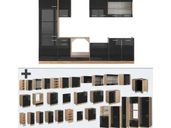 Outlet Vicco R-Line Küche /Goldkraft Eiche 300 cm ohne Arbeitsplatte ohne E-Geräte Schwarz Hochglanz