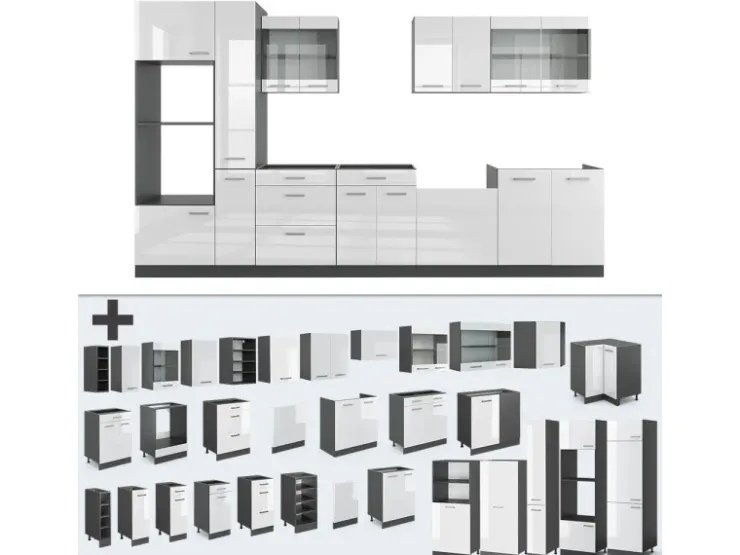 Best Vicco R-Line Küche /Anthrazit 350 cm mit Hochschrankohne Arbeitsplatte ohne E-Geräte Weiß Hochglanz