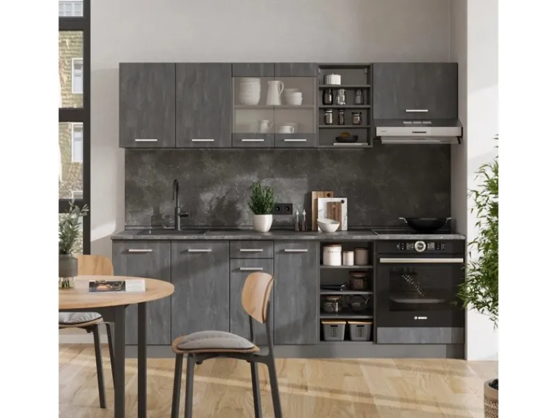 Hot Vicco R-Line Komplettküche Schwarz Beton/Anthrazit 240 cm AP Eiche ohne E-Geräte Einbauküchen