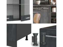 Hot Vicco R-Line Komplettküche Schwarz Beton/Anthrazit 240 cm AP Eiche ohne E-Geräte Einbauküchen