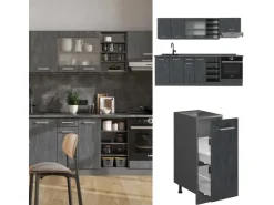 Vicco R-Line Komplettküche Schwarz Beton/Anthrazit 240 cm AP Marmor ohne E-Geräte Beton Anthrazit