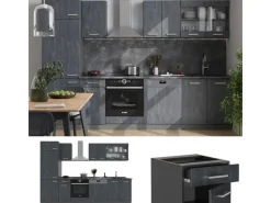 Vicco R-Line KomplettKüche Schwarz Beton/Anthrazit 300 cm AP Marmor ohne E-Geräte Einbauküchen