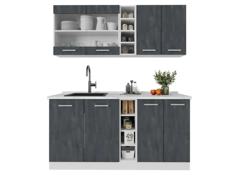 Discount Vicco R-Line Mini-Küche Schwarz Beton/Weiß 160 cm ohne Arbeitsplatte ohne E-Geräte Miniküchen