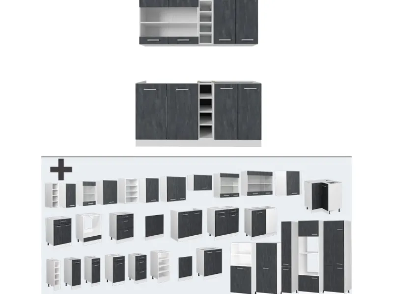 Discount Vicco R-Line Mini-Küche Schwarz Beton/Weiß 160 cm ohne Arbeitsplatte ohne E-Geräte Miniküchen
