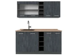 Discount Vicco R-Line Mini-Küche Schwarz Beton/Anthrazit 160 cm AP Eiche ohne E-Geräte Miniküchen|Single-Küchen
