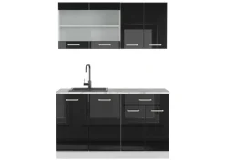 Single-Küchen|Miniküchen<Vicco R-Line Mini-Küche 140 cm AP Marmor ohne E-Geräte Schwarz Hochglanz