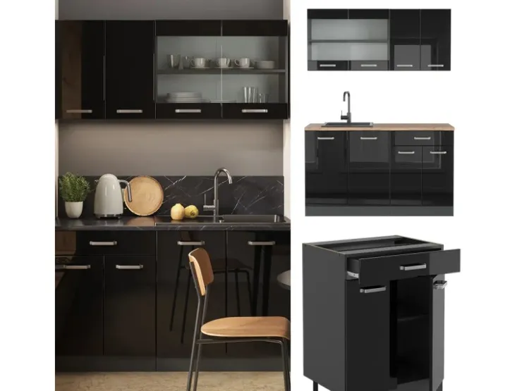 New Vicco R-Line Mini-Küche /Anthrazit 140 cm ohne Arbeitsplatte ohne E-Geräte Schwarz Hochglanz