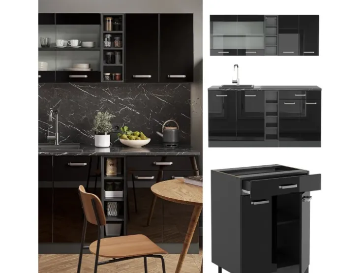 Hot Vicco R-Line Mini-Küche /Anthrazit 160 cm ohne Arbeitsplatte ohne E-Geräte Schwarz Hochglanz