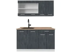 Single-Küchen|Miniküchen<Vicco R-Line Mini Küche Schwarz Beton/Weiß 140 cm AP Eiche ohne E-Geräte Beton Dunkelgrau