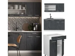 Single-Küchen|Miniküchen<Vicco R-Line Mini Küche Schwarz Beton/Weiß 140 cm AP Eiche ohne E-Geräte Beton Dunkelgrau