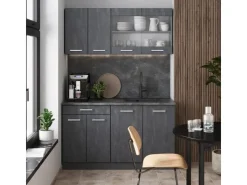 Miniküchen|Single-Küchen<Vicco R-Line Mini-Küche Schwarz Beton/Anthrazit 140 cm ohne Arbeitsplatte ohne E-Geräte Beton Anthrazit