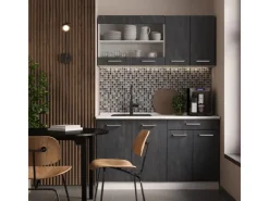 Miniküchen<Vicco R-Line Mini-Küche Schwarz Beton/Weiß 140 cm ohne Arbeitsplatte ohne E-Geräte Beton Dunkelgrau