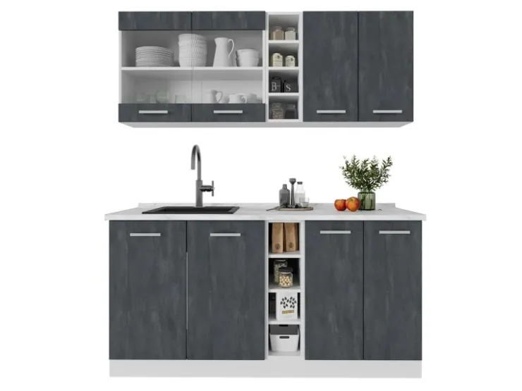 Clearance Vicco R-Line Mini-Küche Schwarz Beton/Weiß 160 cm AP Marmor ohne E-Geräte Beton Dunkelgrau