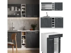 Clearance Vicco R-Line Mini-Küche Schwarz Beton/Weiß 160 cm AP Marmor ohne E-Geräte Beton Dunkelgrau