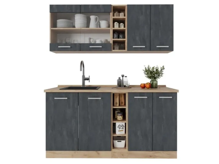 Miniküchen|Kochfelder<Vicco R-Line Mini-Küche Schwarz Beton/Goldkraft Eiche 160 cm ohne Arbeitsplatte ohne E-Geräte Beton Dunkelgrau