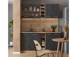 Miniküchen|Kochfelder<Vicco R-Line Mini-Küche Schwarz Beton/Goldkraft Eiche 160 cm ohne Arbeitsplatte ohne E-Geräte Beton Dunkelgrau