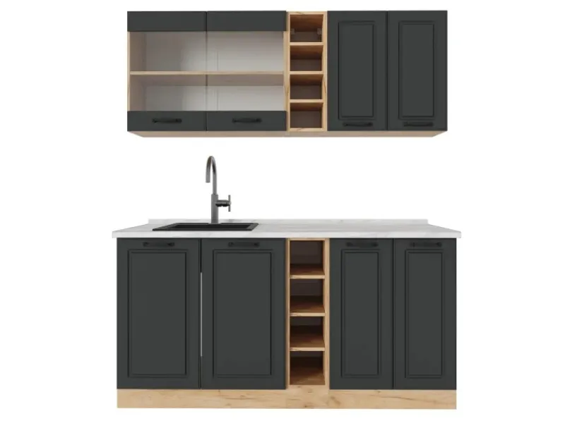 Discount Vicco R-Line Singleküche Anthrazit Landhaus/Goldkraft Eiche 160 cm AP Marmor ohne E-Geräte Single-Küchen