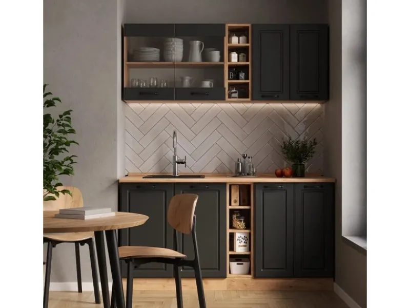 Discount Vicco R-Line Singleküche Anthrazit Landhaus/Goldkraft Eiche 160 cm AP Marmor ohne E-Geräte Single-Küchen