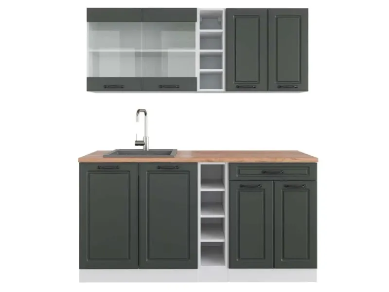 New Vicco R-Line Singleküche Anthrazit Landhaus/Weiß 160 cm AP Eiche ohne E-Geräte Single-Küchen