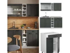 New Vicco R-Line Singleküche Anthrazit Landhaus/Weiß 160 cm AP Eiche ohne E-Geräte Single-Küchen