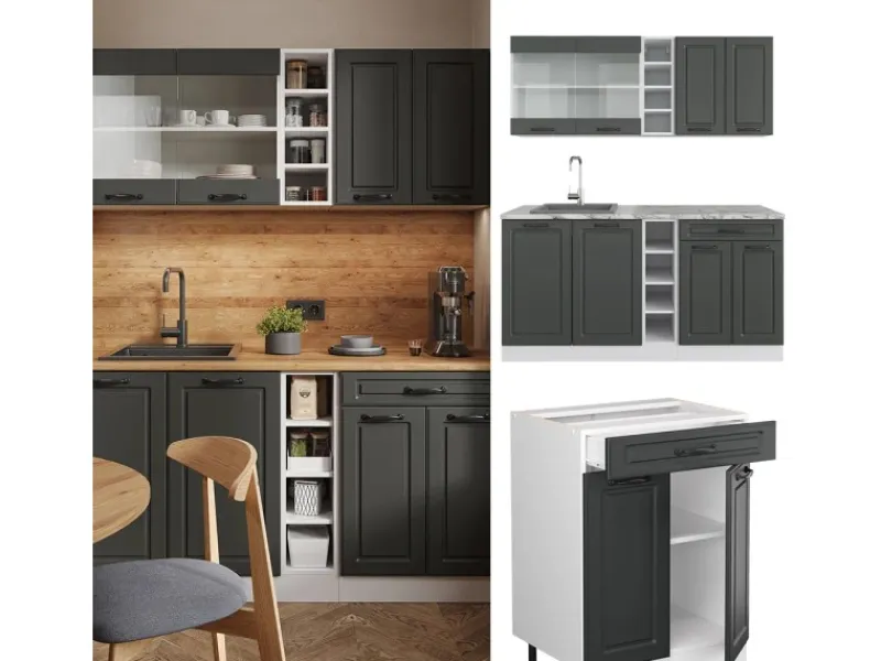 New Vicco R-Line Singleküche Anthrazit Landhaus/Weiß 160 cm AP Eiche ohne E-Geräte Single-Küchen