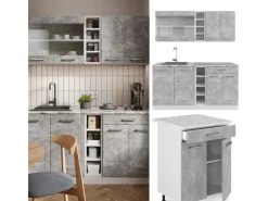 Outlet Vicco R-Line Singleküche Beton/Weiß 160 cm ohne Arbeitsplatte ohne E-Geräte Single-Küchen