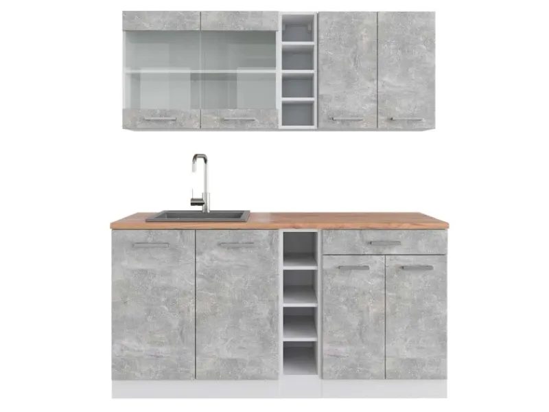 Outlet Vicco R-Line Singleküche Beton/Weiß 160 cm AP Eiche ohne E-Geräte Single-Küchen|Einbauküchen