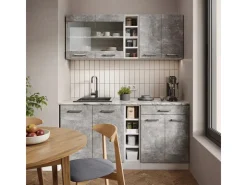 Best Vicco R-Line Singleküche Beton/Weiß 160 cm AP Marmor ohne E-Geräte Betongrau