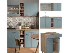 New Vicco R-Line Single Küche Blau-Grau/Goldkraft Eiche 160 cm ohne Arbeitsplatte ohne E-Geräte Blaugrau