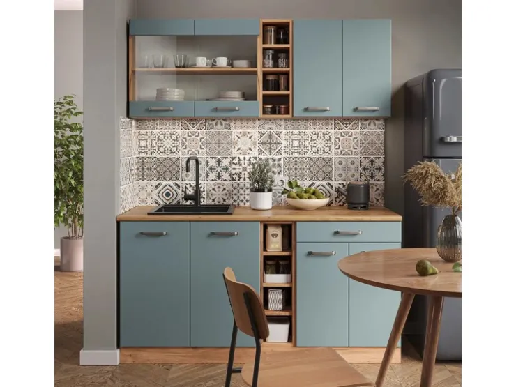 New Vicco R-Line Single Küche Blau-Grau/Goldkraft Eiche 160 cm ohne Arbeitsplatte ohne E-Geräte Blaugrau