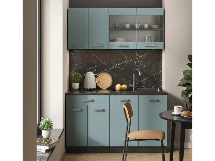 Hot Vicco R-Line Singleküche Blau-Grau/Anthrazit 140 cm AP Anthrazit ohne E-Geräte Blaugrau