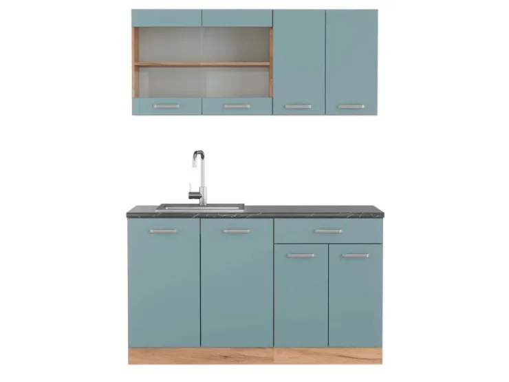 Hot Vicco R-Line Singleküche Blau-Grau/Goldkraft Eiche 140 cm AP Anthrazit ohne E-Geräte Blaugrau