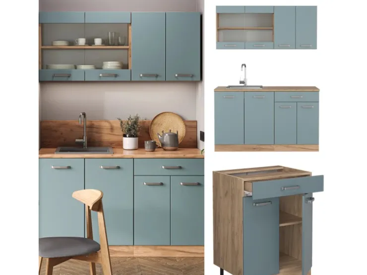 Hot Vicco R-Line Singleküche Blau-Grau/Goldkraft Eiche 140 cm AP Anthrazit ohne E-Geräte Blaugrau