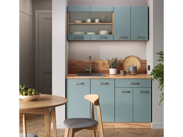 Hot Vicco R-Line Singleküche Blau-Grau/Goldkraft Eiche 140 cm AP Anthrazit ohne E-Geräte Blaugrau